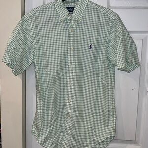 Ralph Lauren green and white checker button down collared short sleeve shirt